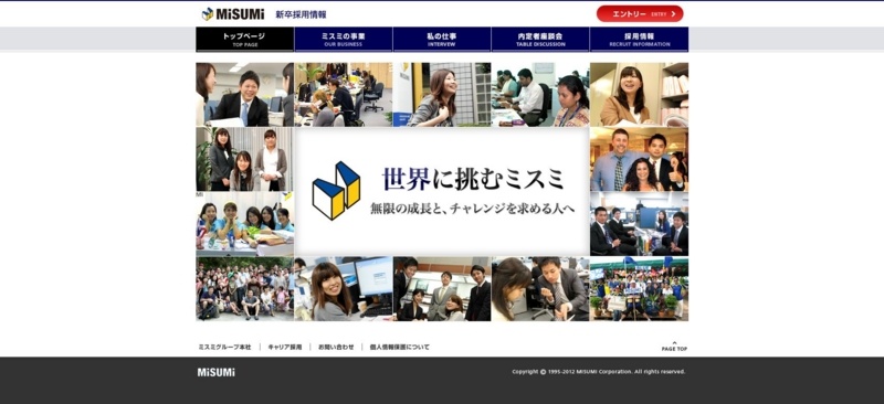 色々な社員の顔と仕事に取り組んでいる様子を写真に使うミスミの新卒採用サイト