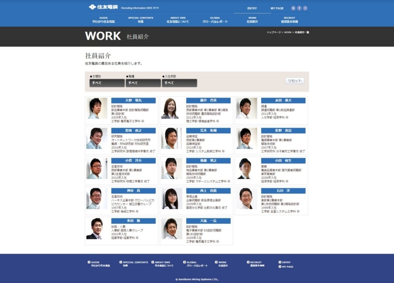 様々な社員の仕事とプライベートの様子を伝えている住友電装の新卒採用サイト