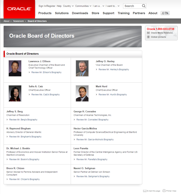 Oracleの役員一覧ページ